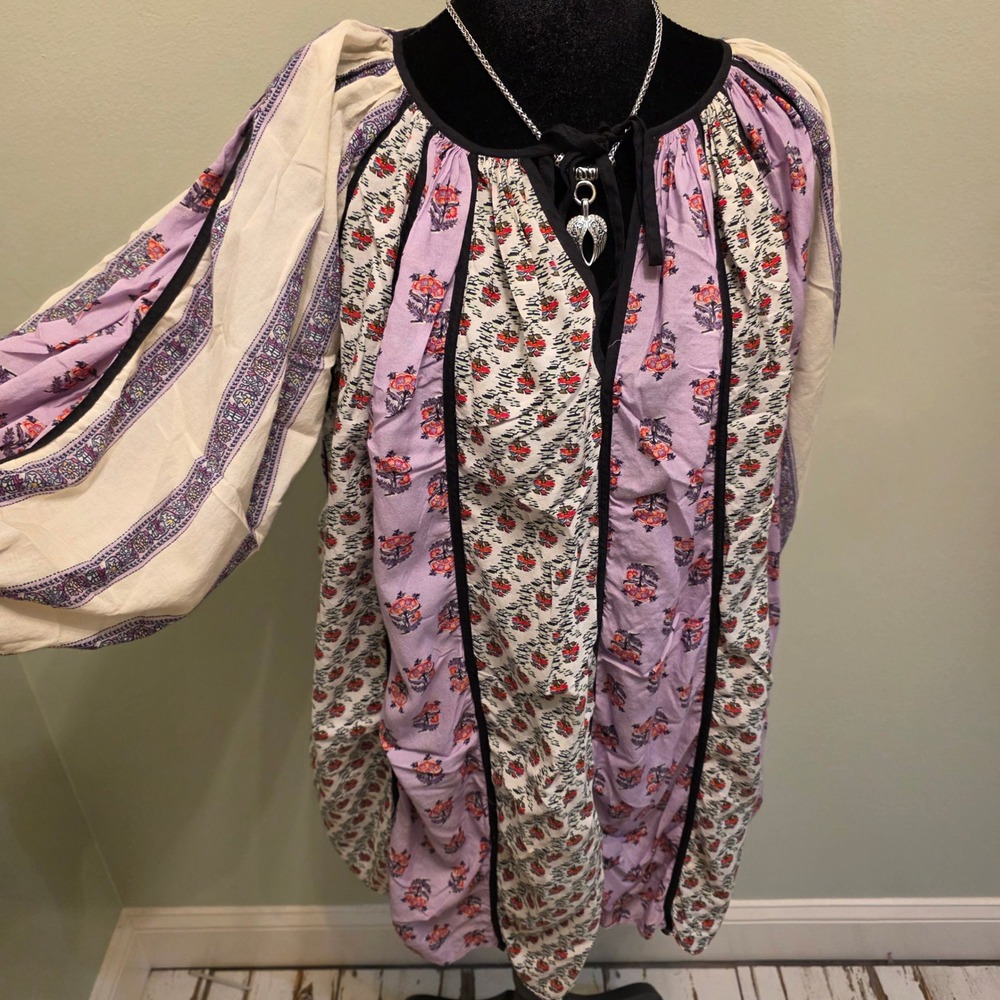 Rhode Resort Mixed Floral Puff Sleeve Boho Mini Dress/pockets PurpleWhite size M